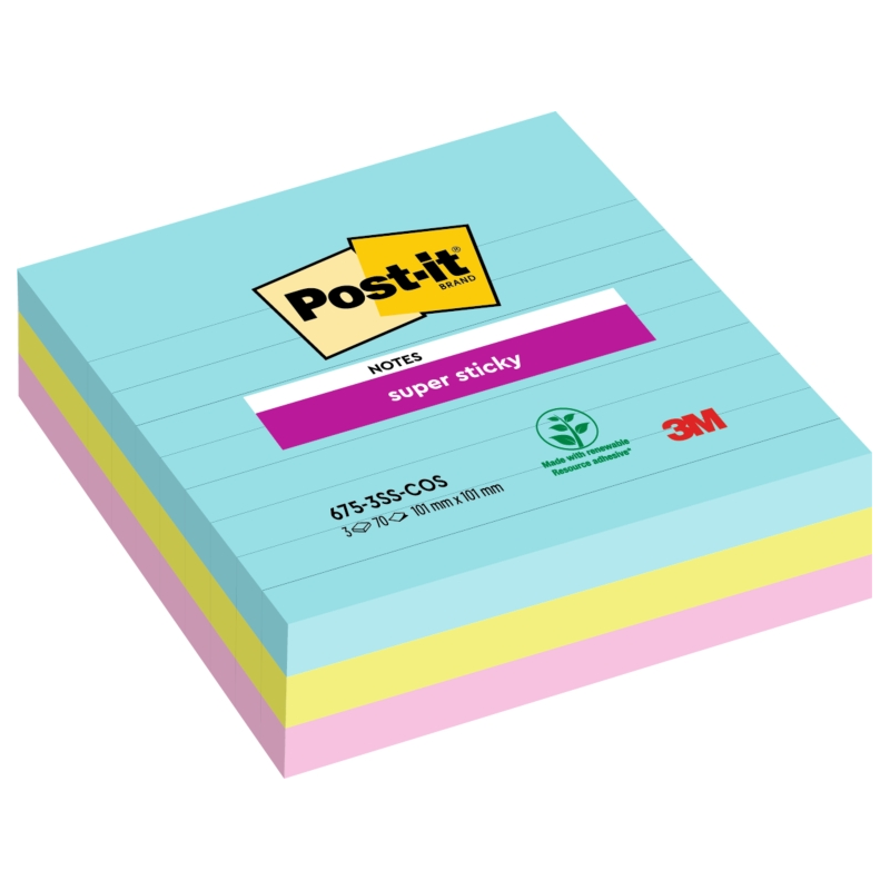 Post-It Super Sticky Pack de 3 blocs de 70 notes autocollantes repositionnables - Forme carrée - 101 x 101 mm - Couleurs assorti