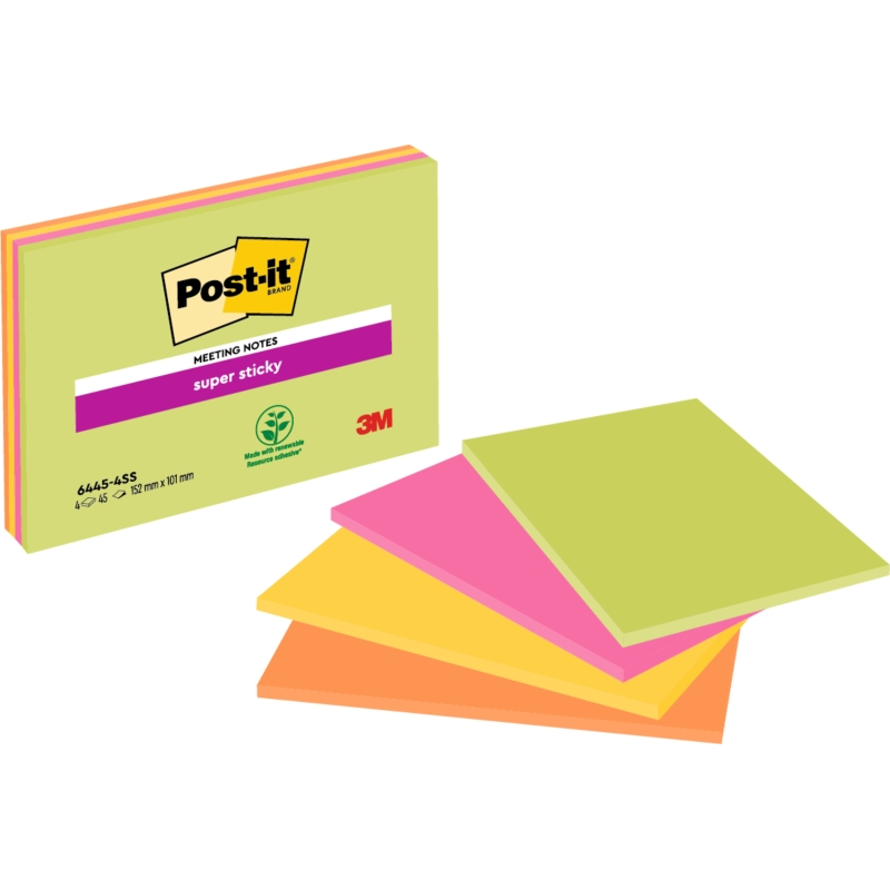 Post-It Super Sticky Pack de 4 blocs de 45 notes autocollantes repositionnables - Forme rectangulaire - 101 x 152 mm - Couleurs