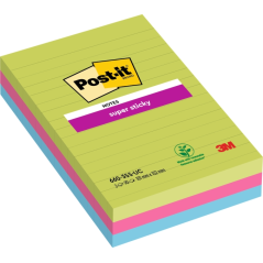 Post-It Super Sticky Pack de 3 blocs de 90 grandes notes autocollantes repositionnables - Lignées - 100 % PEFC - Couleurs assort