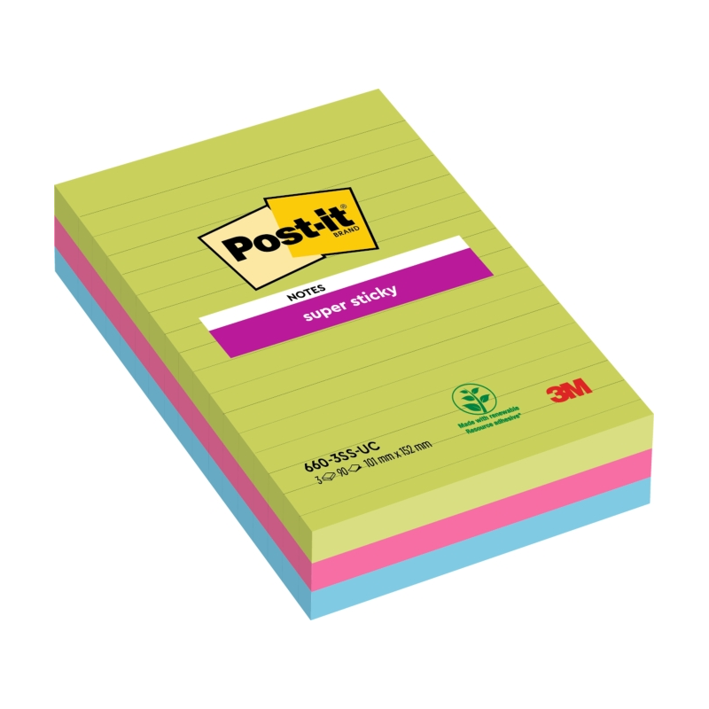 Post-It Super Sticky Pack de 3 blocs de 90 grandes notes autocollantes repositionnables - Lignées - 100 % PEFC - Couleurs assort