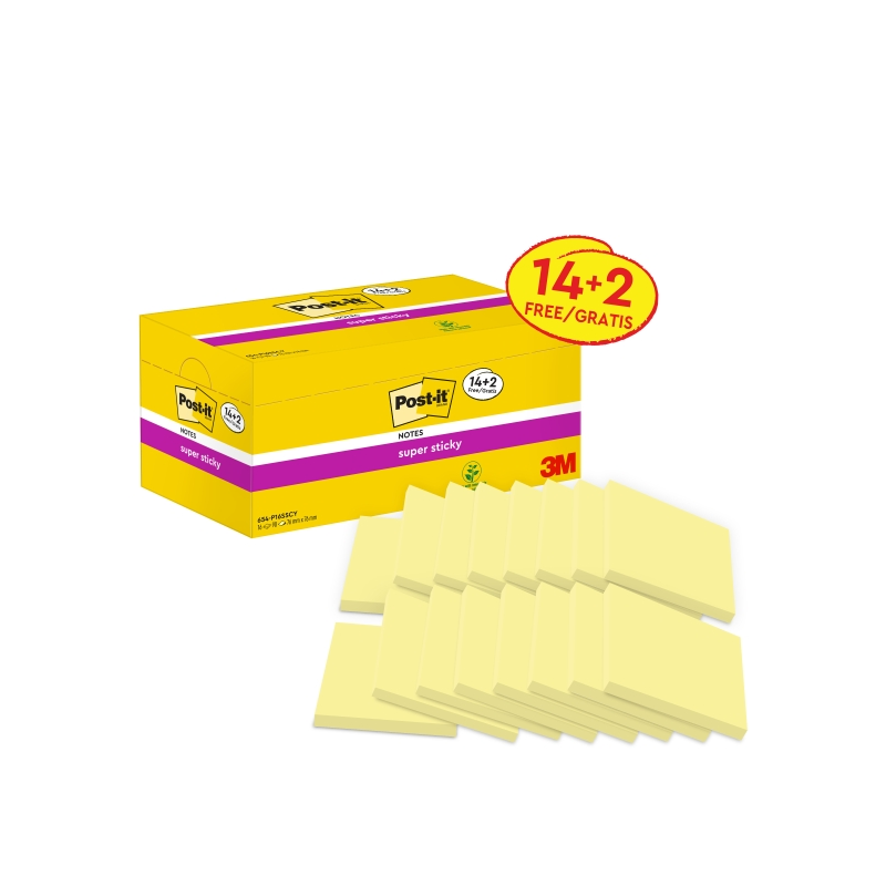 Post-It Super Sticky Pack de 16 blocs de 90 notes autocollantes repositionnables - Forme carrée - 76 x 76 mm - Jaune clair