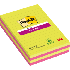 Post-It Super Sticky Pack de 4 blocs de 45 grandes notes adhésives repositionnables - avec lignes - 100 % PEFC - Couleurs assort