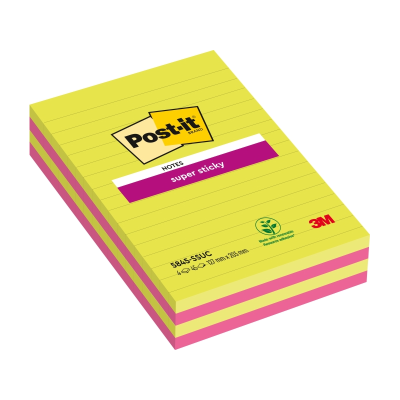 Post-It Super Sticky Pack de 4 blocs de 45 grandes notes adhésives repositionnables - avec lignes - 100 % PEFC - Couleurs assort