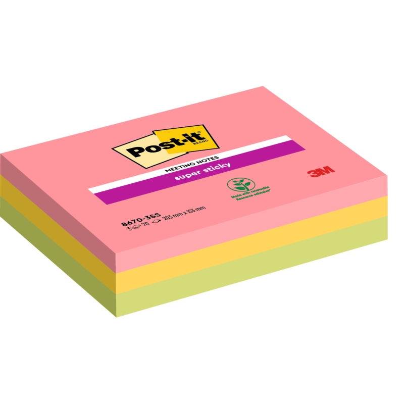 Lot de 3 notes de réunion repositionnables Post-It Super Sticky (203 x 153 mm) - Couleurs assorties