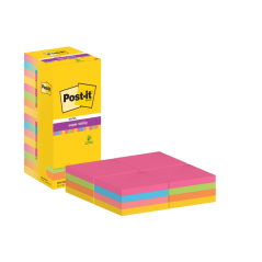 Post-It Super Sticky Pack de 16 blocs de 90 notes autocollantes repositionnables - 76 x 76 mm - 100 % PEFC - Couleurs assorties