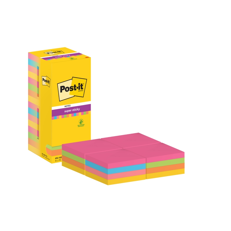 Post-It Super Sticky Pack de 16 blocs de 90 notes autocollantes repositionnables - 76 x 76 mm - 100 % PEFC - Couleurs assorties