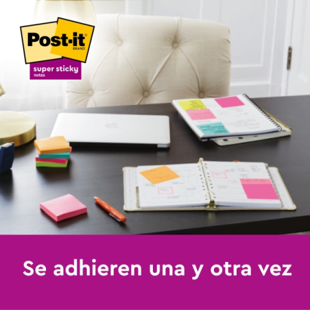 Post-It Super Sticky Pack de 16 blocs de 90 notes autocollantes repositionnables - 76 x 76 mm - 100 % PEFC - Couleurs assorties