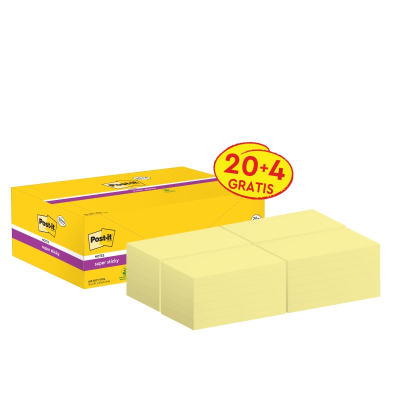 Post-It Super Sticky Pack de 24 Blocs de 90 Notes autocollantes repositionnables - 76x127mm - Jaune clair