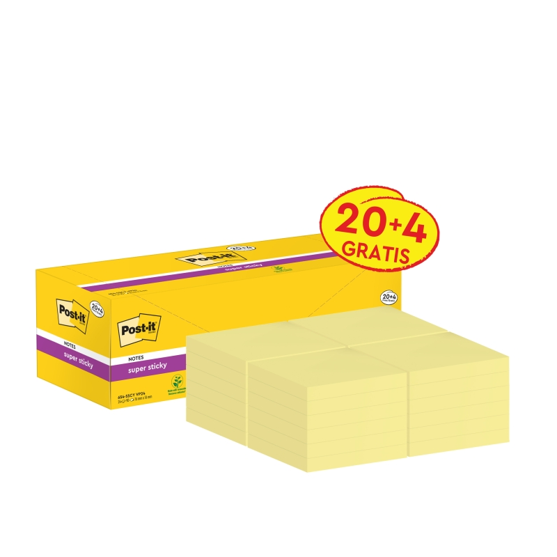 Post-It Super Sticky Pack de 24 blocs de 90 notes autocollantes repositionnables - 76 x 76 mm - Promotion 20 blocs + 4 offerts -