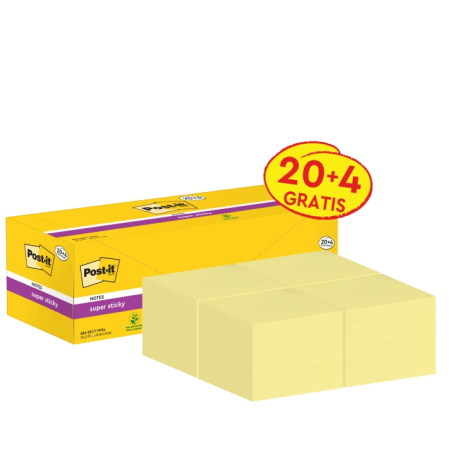 Post-It Super Sticky Pack de 24 blocs de 90 notes autocollantes repositionnables - 76 x 76 mm - Promotion 20 blocs + 4 offerts -