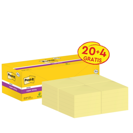 Post-It Super Sticky Pack de 24 blocs de 90 notes autocollantes repositionnables - 76 x 76 mm - Promotion 20 blocs + 4 offerts -