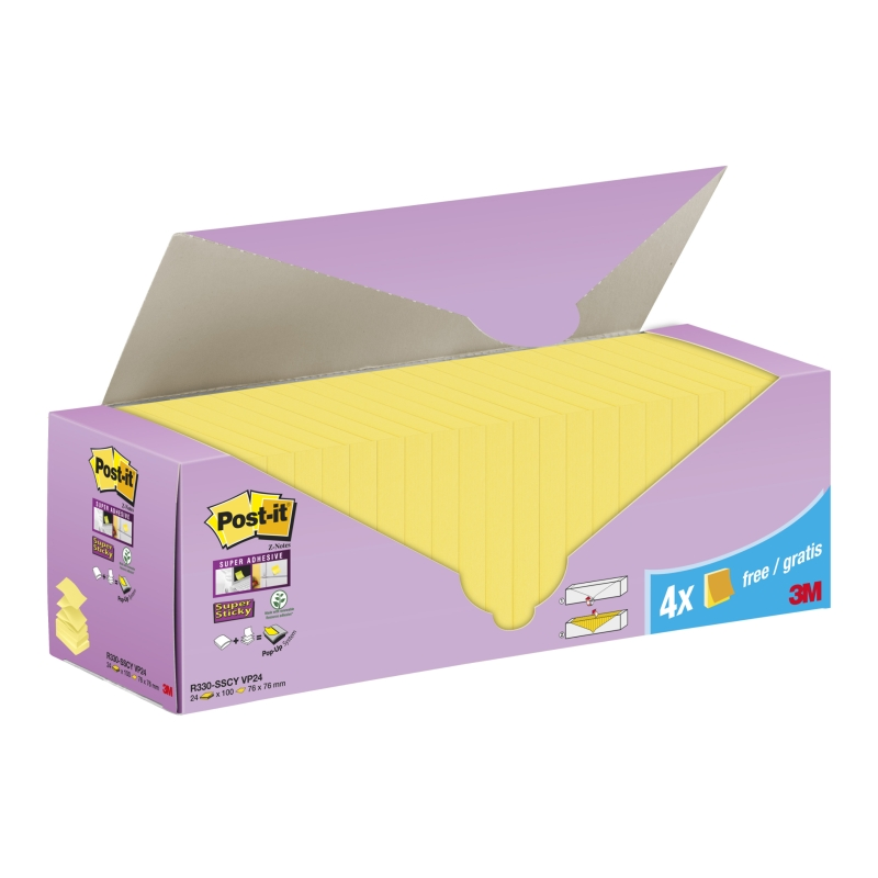 Pack de 24 blocs Post-It Super Sticky avec 90 notes autocollantes repositionnables - 76 x 76 mm - Promotion : 20 blocs + 4 offer