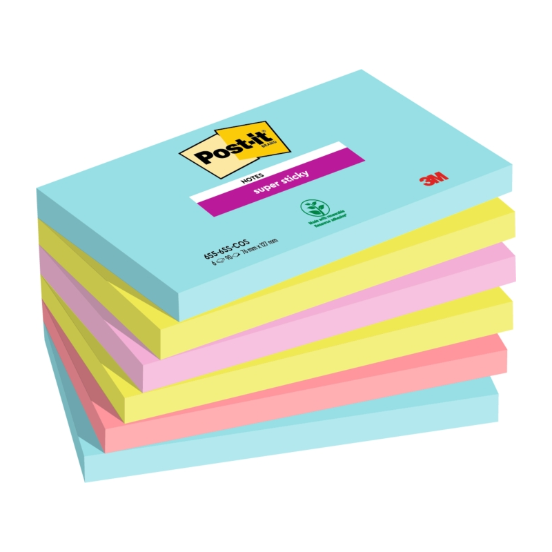 Post-It Super Sticky Pack de 6 blocs de 90 notes autocollantes repositionnables - Forme rectangulaire - Couleurs assorties