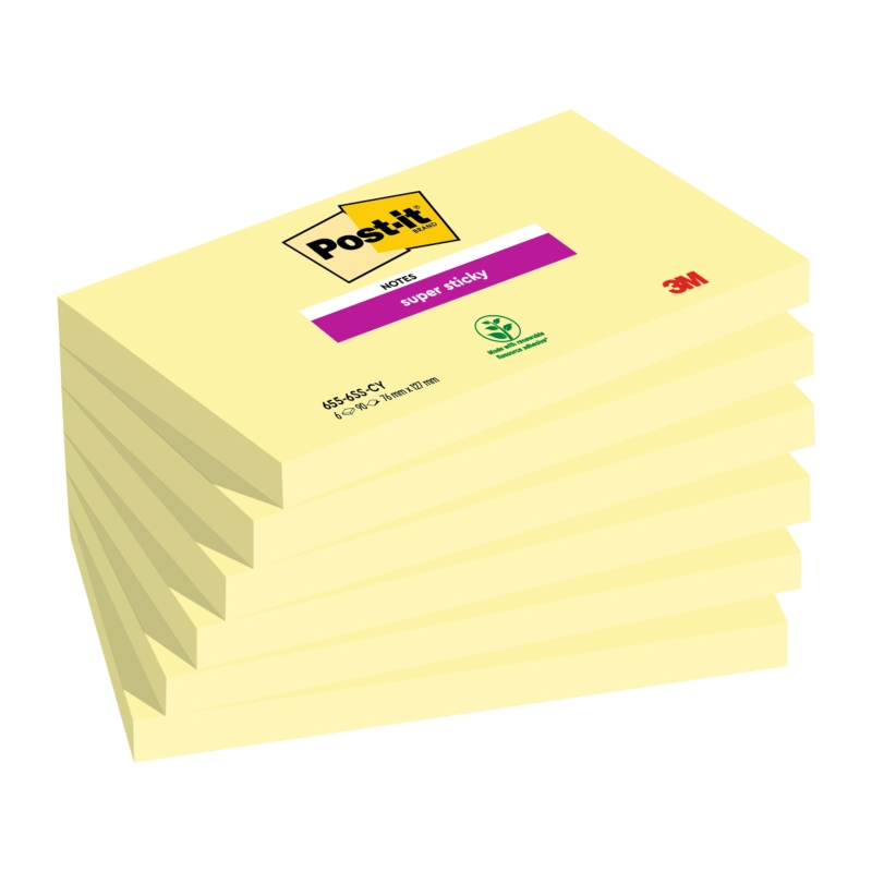Post-It Super Sticky Pack de 6 blocs de 90 notes autocollantes repositionnables - Forme rectangulaire - Jaune clair