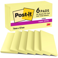 Post-It Super Sticky Pack de 6 blocs de 90 notes autocollantes repositionnables - Forme rectangulaire - Jaune clair