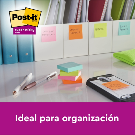 Notes Post-It Super Sticky - Lot de 8 (90 notes autocollantes repositionnables) - 63,5 x 76 mm - Emballage carton - Couleurs ass