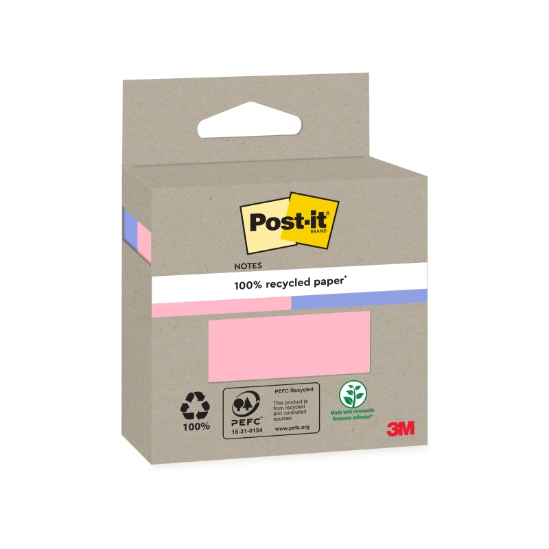 Lot de 2 blocs de 100 notes autocollantes recyclées Post-It - Forme carrée - Couleurs assorties