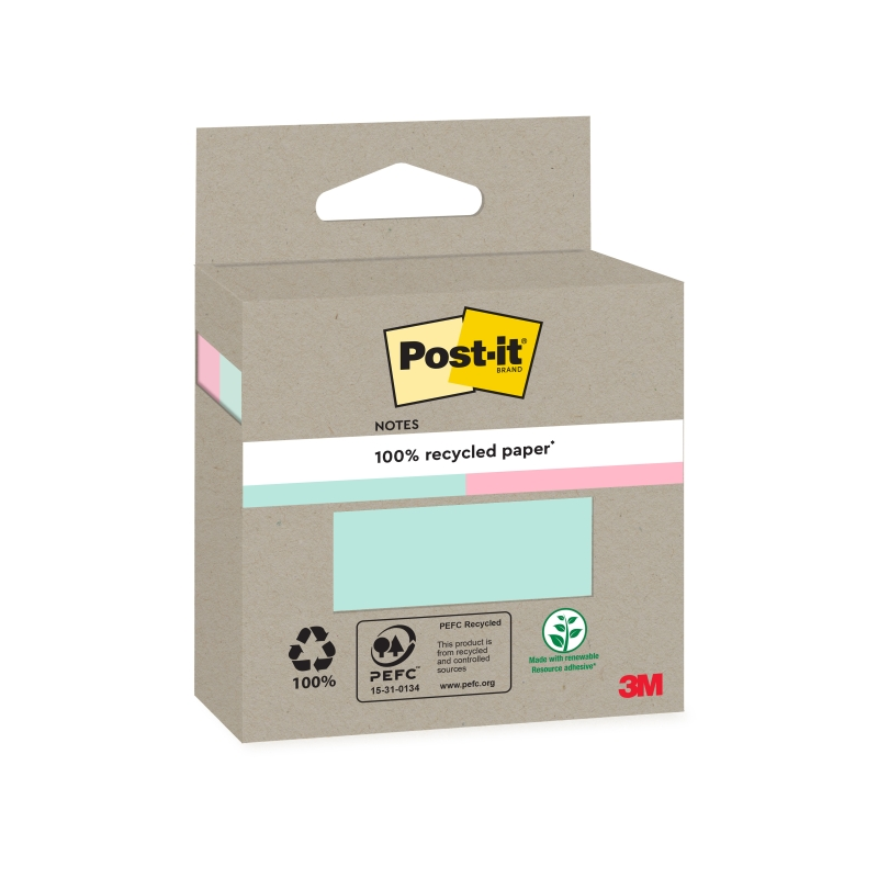 Lot de 2 blocs de 100 notes autocollantes recyclées Post-It - Forme carrée - Couleurs assorties