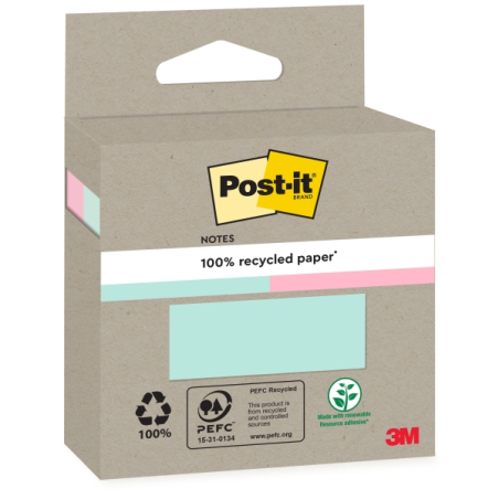 Lot de 2 blocs de 100 notes autocollantes recyclées Post-It - Forme carrée - Couleurs assorties