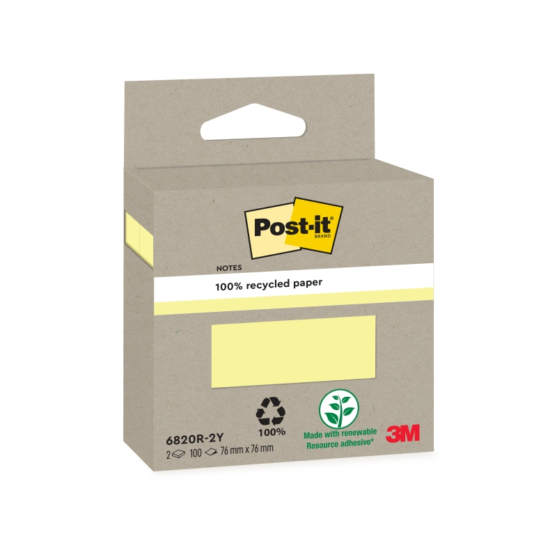 Lot de 2 blocs de 100 notes autocollantes recyclées Post-It - Forme carrée - Jaune clair