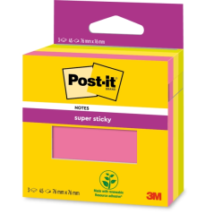 Post-It Super Sticky Pack de 3 blocs de 45 notes autocollantes repositionnables - 76 x 76 mm - 100 % PEFC - Couleurs assorties