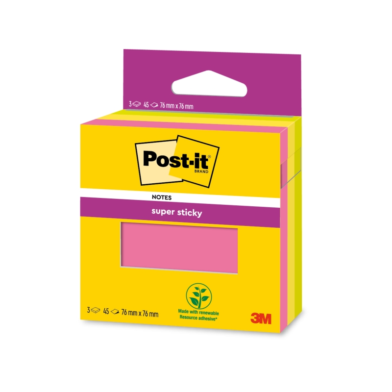 Post-It Super Sticky Pack de 3 blocs de 45 notes autocollantes repositionnables - 76 x 76 mm - 100 % PEFC - Couleurs assorties