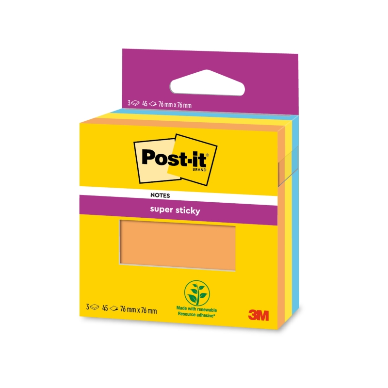 Post-It Super Sticky Pack de 3 blocs de 45 notes autocollantes repositionnables - 100 % PEFC - Orange