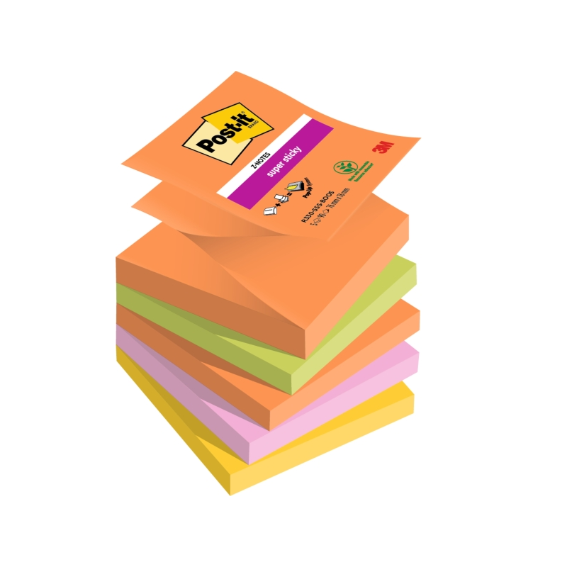 Post-It Super Sticky Pack de 5 blocs de 90 notes autocollantes repositionnables - Forme carrée - 76 x 76 mm - Zig-Zag - Couleurs