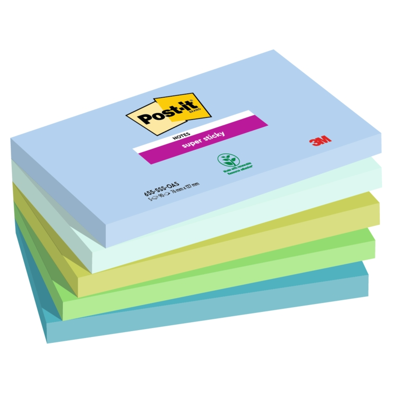 Post-It Super Sticky Pack de 5 blocs de 90 notes autocollantes repositionnables - Forme rectangulaire - 127 x 76 mm - Couleurs a