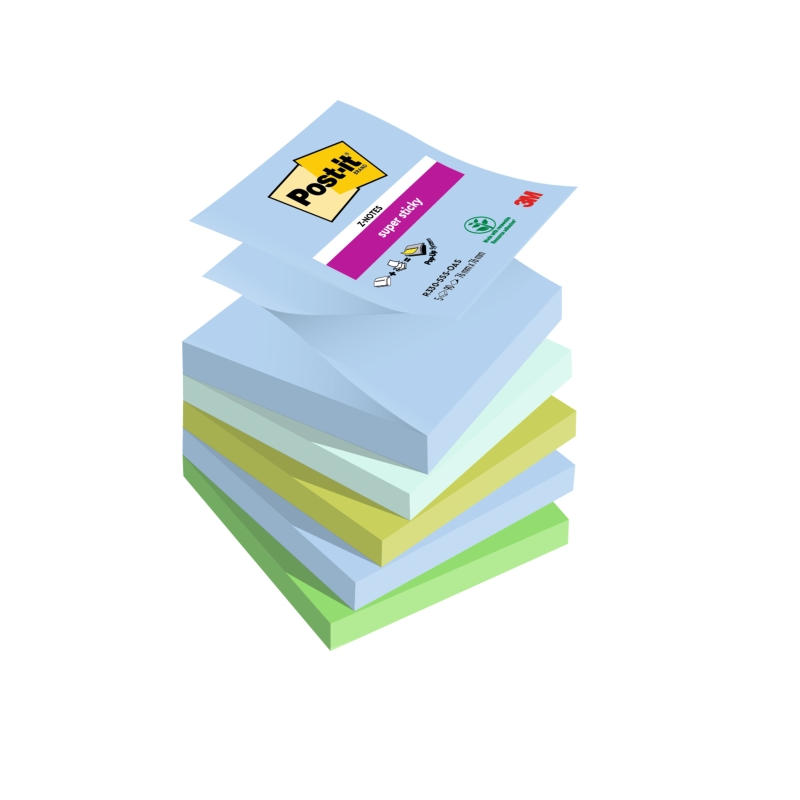 Post-It Super Sticky Pack de 5 blocs de 90 notes autocollantes repositionnables - Forme carrée - 76 x 76 mm - Zig-Zag - Couleurs