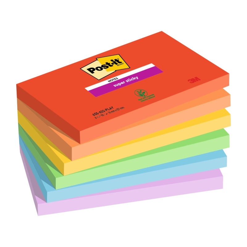 Post-It Super Sticky Pack de 6 blocs de 90 notes autocollantes repositionnables - Forme rectangulaire - 127 x 76 mm - Couleurs a