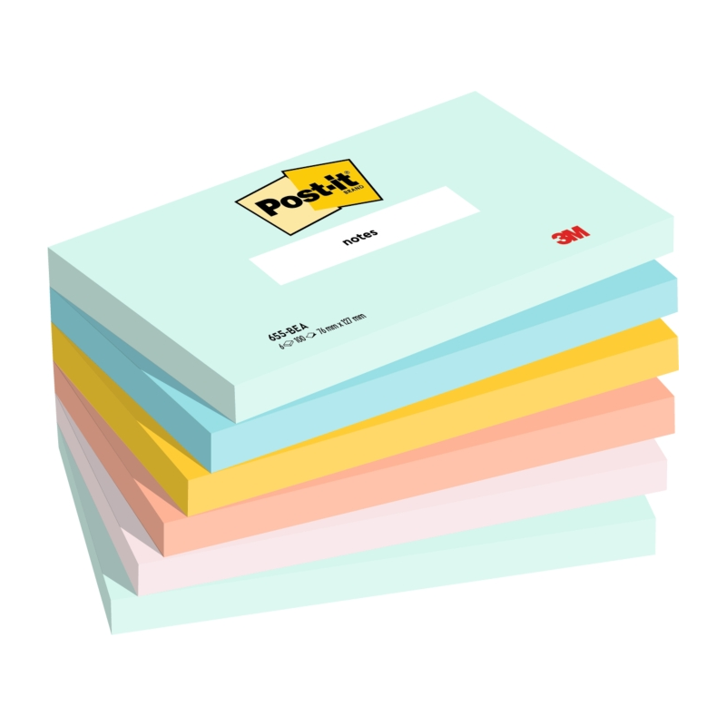 Post-It Pack de 6 Blocs de 100 Notes Repositionnables - Forme Rectangulaire - 76x127mm - Couleurs Assorties