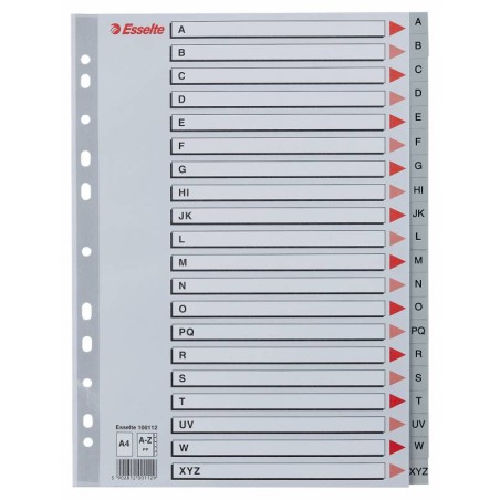 â Alphabets en plastique Esselte avec couverture d'index A4 - PP - Type AZ - Carton d'index : Carton gris - MatÃ en stock