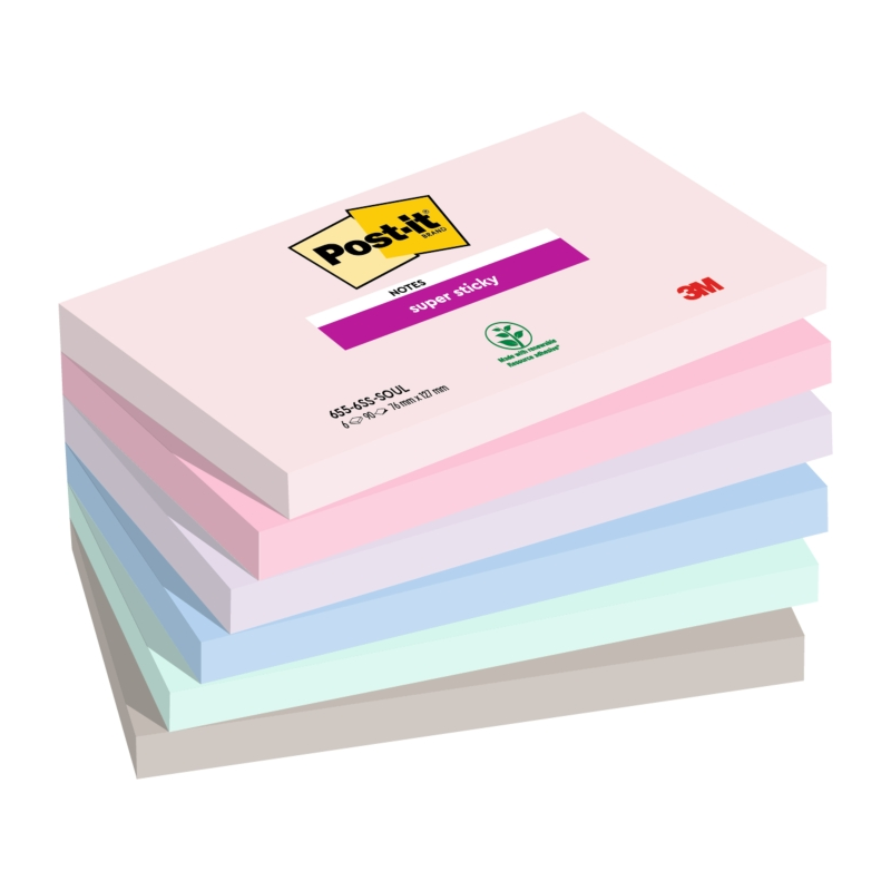 Post-It Super Sticky Pack de 6 blocs de 90 notes autocollantes repositionnables - Forme rectangulaire - 127 x 76 mm - Couleurs a