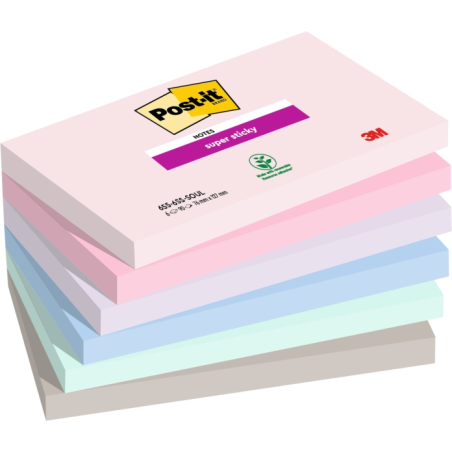 Post-It Super Sticky Pack de 6 blocs de 90 notes autocollantes repositionnables - Forme rectangulaire - 127 x 76 mm - Couleurs a
