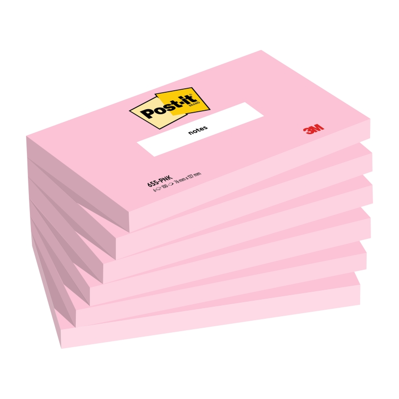 Post-It Pack de 6 blocs de 100 notes autocollantes repositionnables - Forme rectangulaire - 76 x 127 mm - Couleur rose
