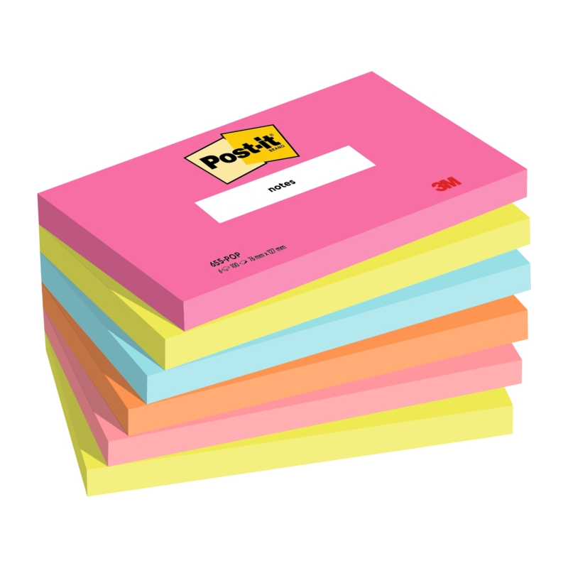 Post-It Pack de 6 blocs de 100 notes autocollantes repositionnables - Forme rectangulaire - 127 x 76 mm - Couleurs assorties
