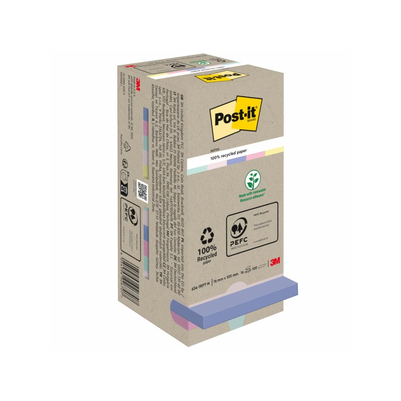 Pack de 16 blocs de 100 notes autocollantes recyclées Post-It - Forme carrée - 76 x 76 mm - Couleurs assorties