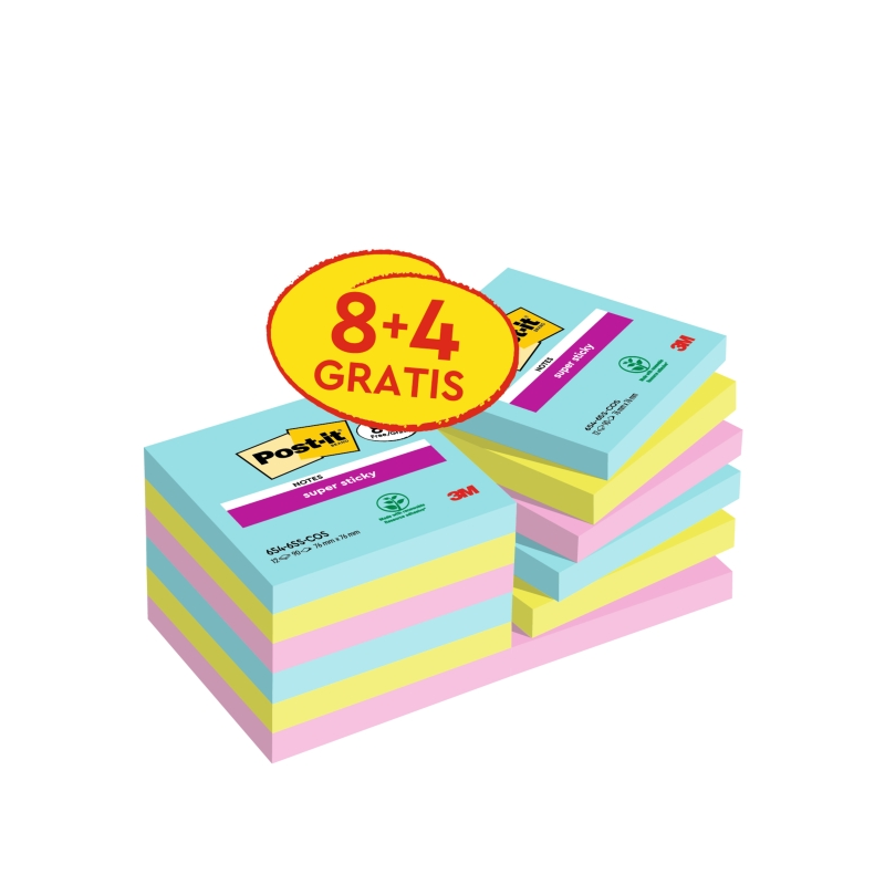 Post-It Super Sticky Pack de 12 blocs de 90 notes autocollantes repositionnables - Collection Cosmique - 76 x 76 mm - + 4 offert