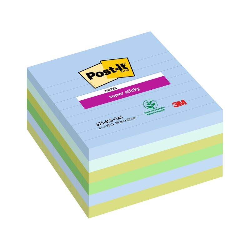 Post-It Super Sticky Pack de 6 blocs de 90 notes autocollantes repositionnables - Forme carrée - 101 x 101 mm - Couleurs assorti
