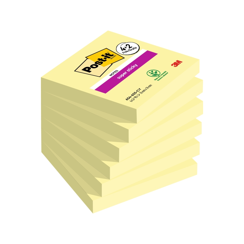 Post-It Super Sticky Pack de 6 blocs de 90 notes autocollantes repositionnables - 76 x 76 mm - Promotion 4 blocs + 2 offerts - J