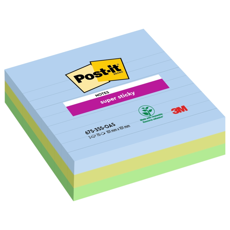 Post-It Super Sticky Pack de 3 blocs de 70 notes autocollantes repositionnables - Forme carrée - 101 x 101 mm - Couleurs assorti
