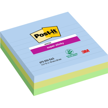 Post-It Super Sticky Pack de 3 blocs de 70 notes autocollantes repositionnables - Forme carrée - 101 x 101 mm - Couleurs assorti