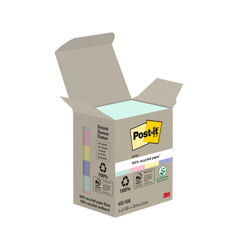 Lot de 6 blocs de 100 notes autocollantes recyclées Post-It - Forme rectangulaire - 51 x 51 mm - Couleurs assorties