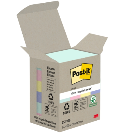 Lot de 6 blocs de 100 notes autocollantes recyclées Post-It - Forme rectangulaire - 51 x 51 mm - Couleurs assorties