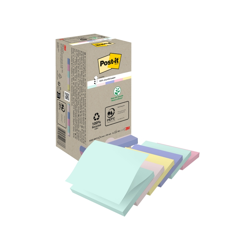 Lot de 16 blocs de 100 notes adhésives recyclées Post-It - Forme carrée - 76 x 76 mm - Couleurs assorties
