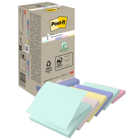 Lot de 16 blocs de 100 notes adhésives recyclées Post-It - Forme carrée - 76 x 76 mm - Couleurs assorties