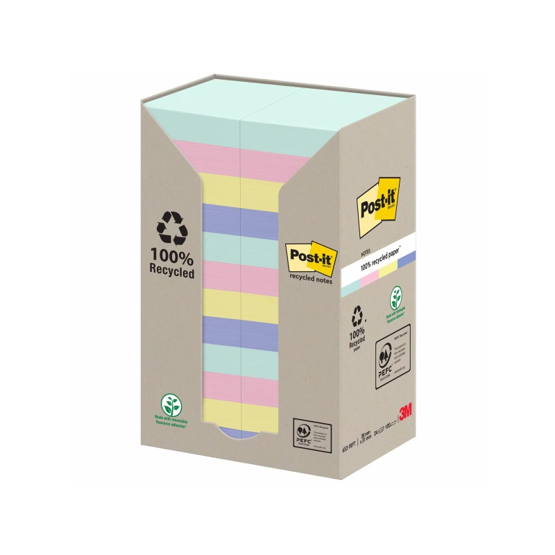 Post-It Pack de 24 blocs de 100 notes autocollantes recyclées - Forme rectangulaire - 51 x 51 mm - Couleurs assorties
