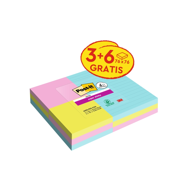 Post-It Super Sticky Pack de 9 blocs de 90 notes autocollantes repositionnables Collection Cosmique - 3 blocs avec lignes + 6 bl