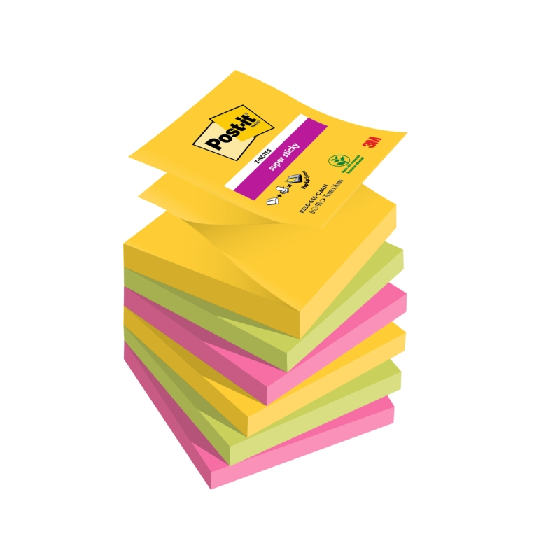 Post-It Super Sticky Pack de 6 blocs de 90 notes autocollantes repositionnables - Forme carrée - 76 x 76 mm - Zig-Zag - Couleurs